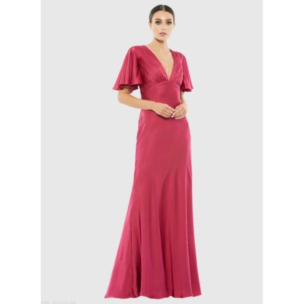 Ieena for Mac Duggal Raspberry Satin V-Neck Flutter Sleeve Gown 554021 Size 6